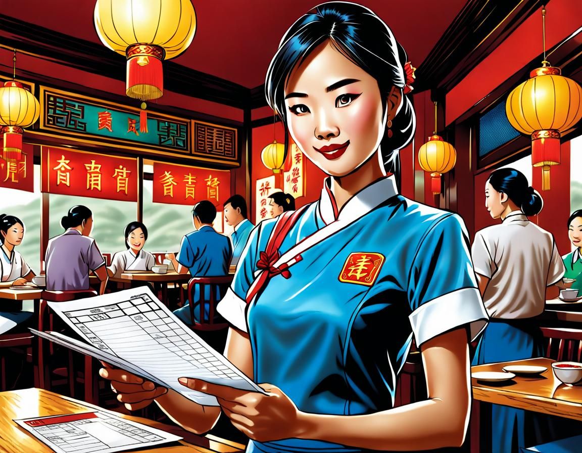 Chinese Restaurant Waitress in Comic Art Style