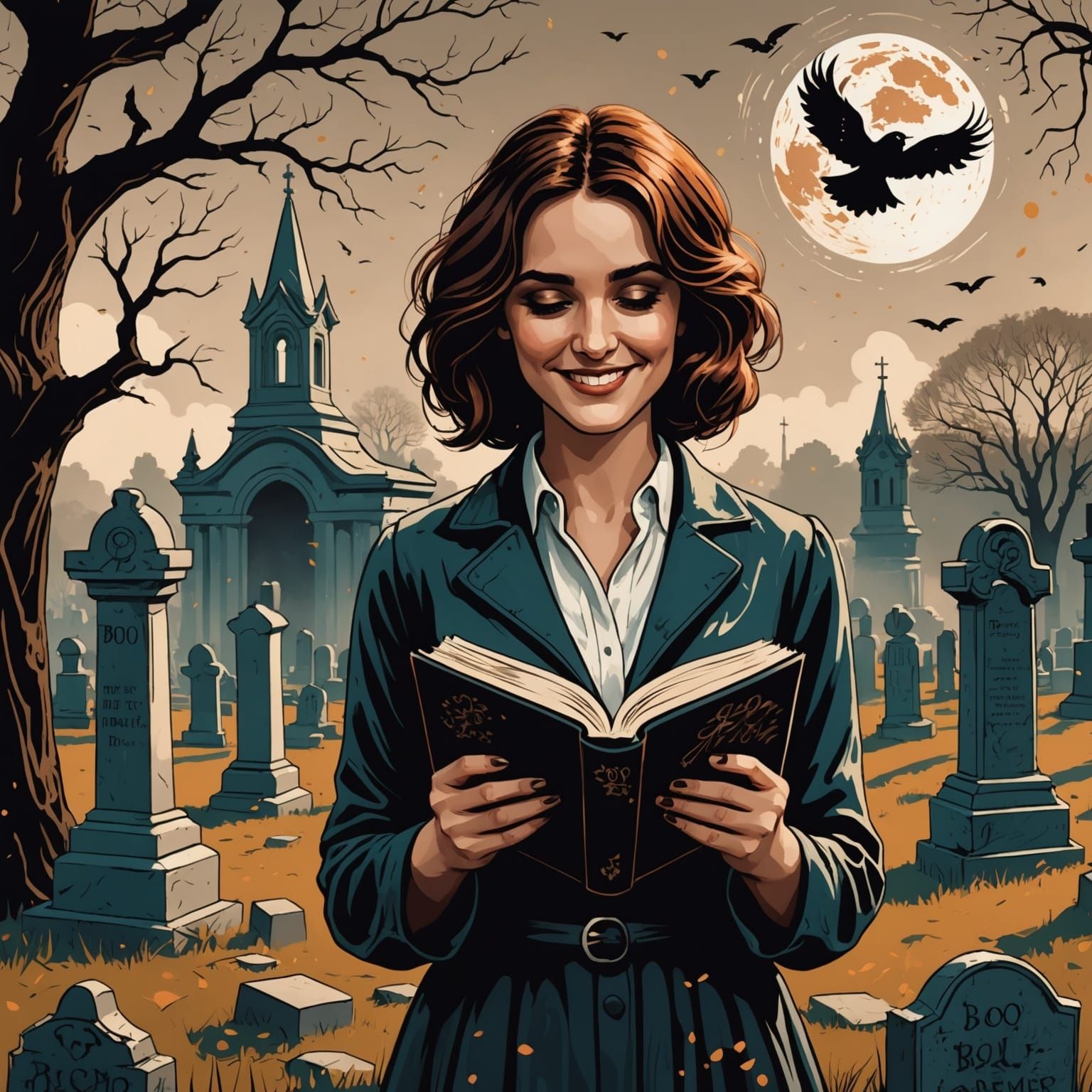 Woman Reading in Cemetery in Ink Splatter Style