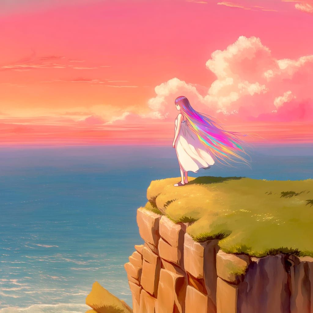 Girl on Cliff Overlooking Ocean in Watercolor Style
