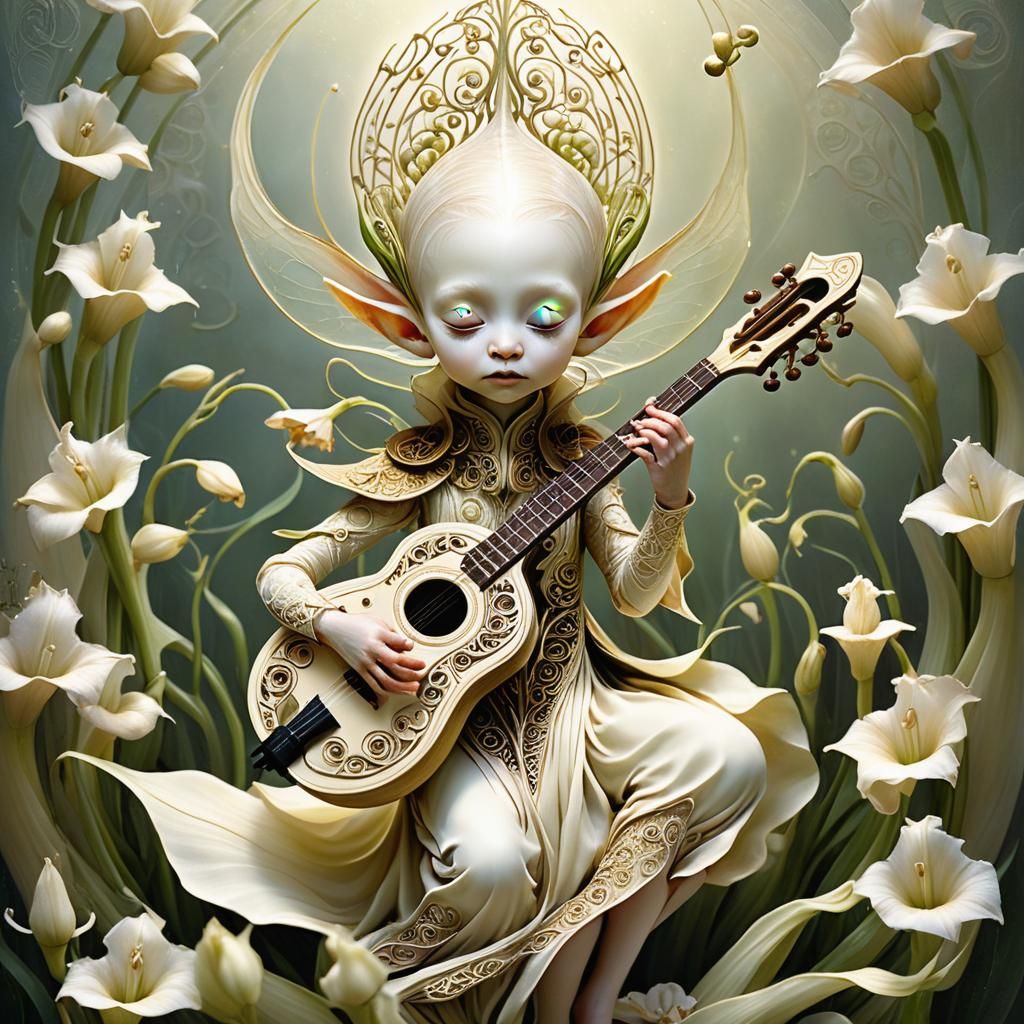 Elven-Alien Child Plays Lute in Floral Fantasy