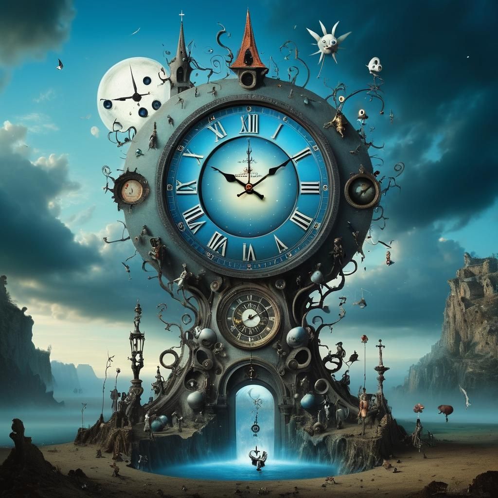 Surreal Clock in Blueshift Timewarp, Surrealism Style