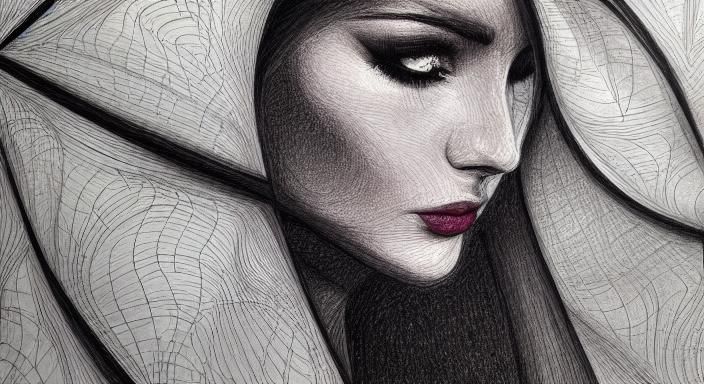 Sad Girl in Rain: Abstract Cross-Hatching Drawing