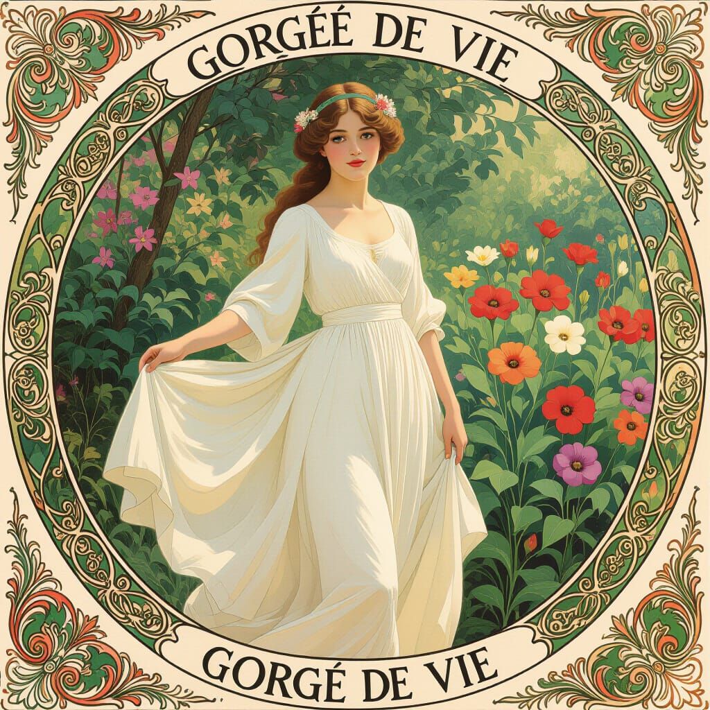 Woman Surrounded by Flowers in Art Nouveau Style