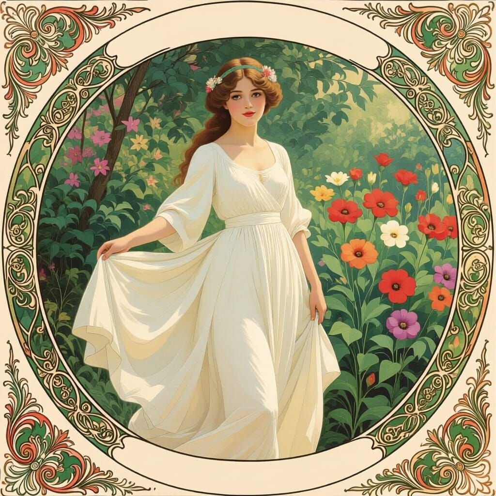 Woman Surrounded by Flowers in Art Nouveau Style