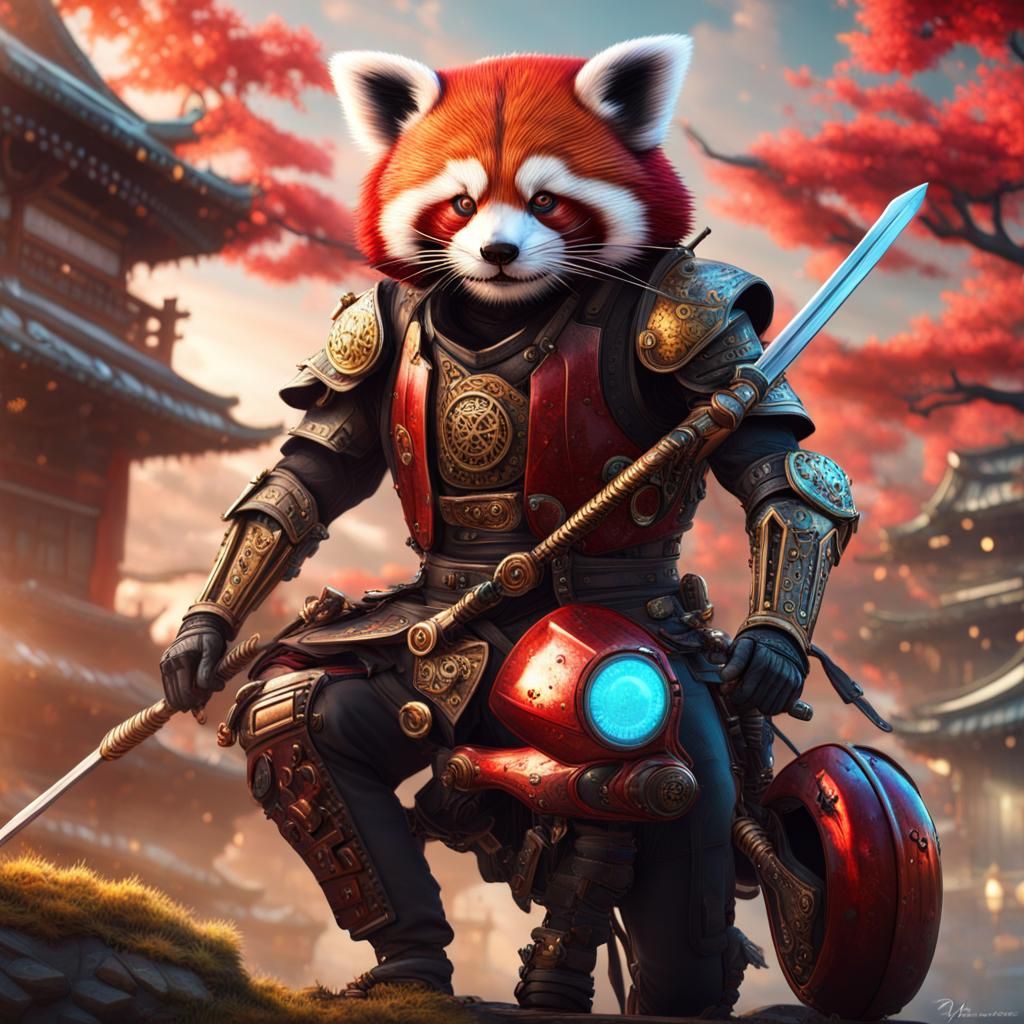 Cyborg Samurai on Red Panda in Steampunk Japan