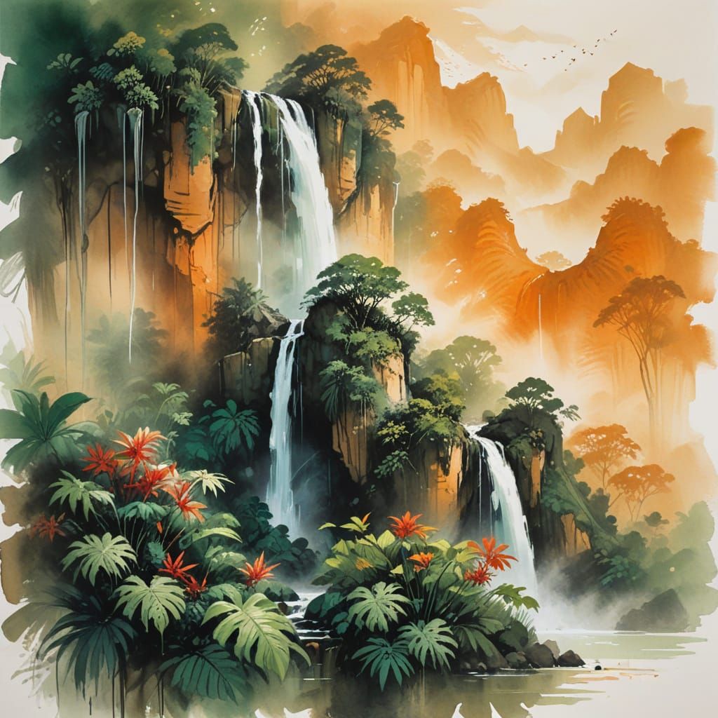 Emerald Waterfall in Jungle Clearing: Ink Wash