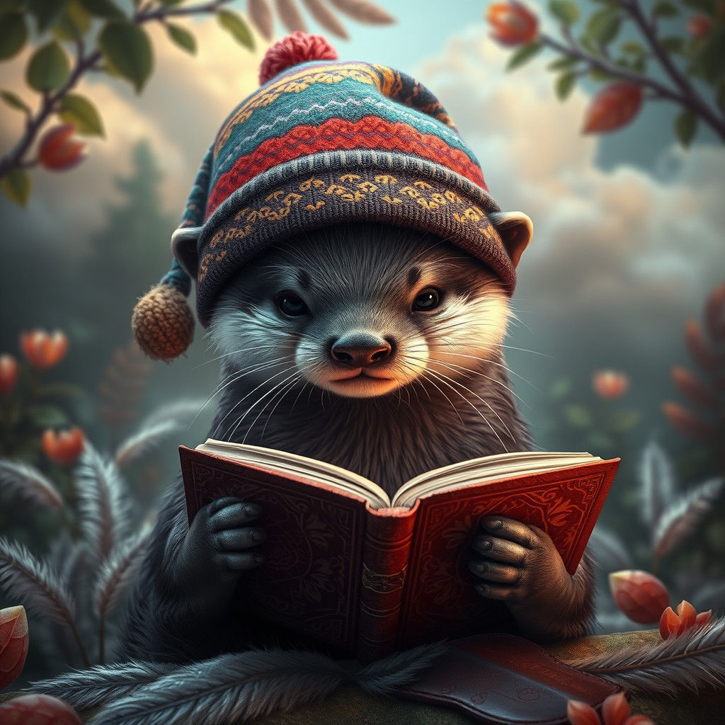 Otter Reading Book in Dreamlike Fantasy Art Style