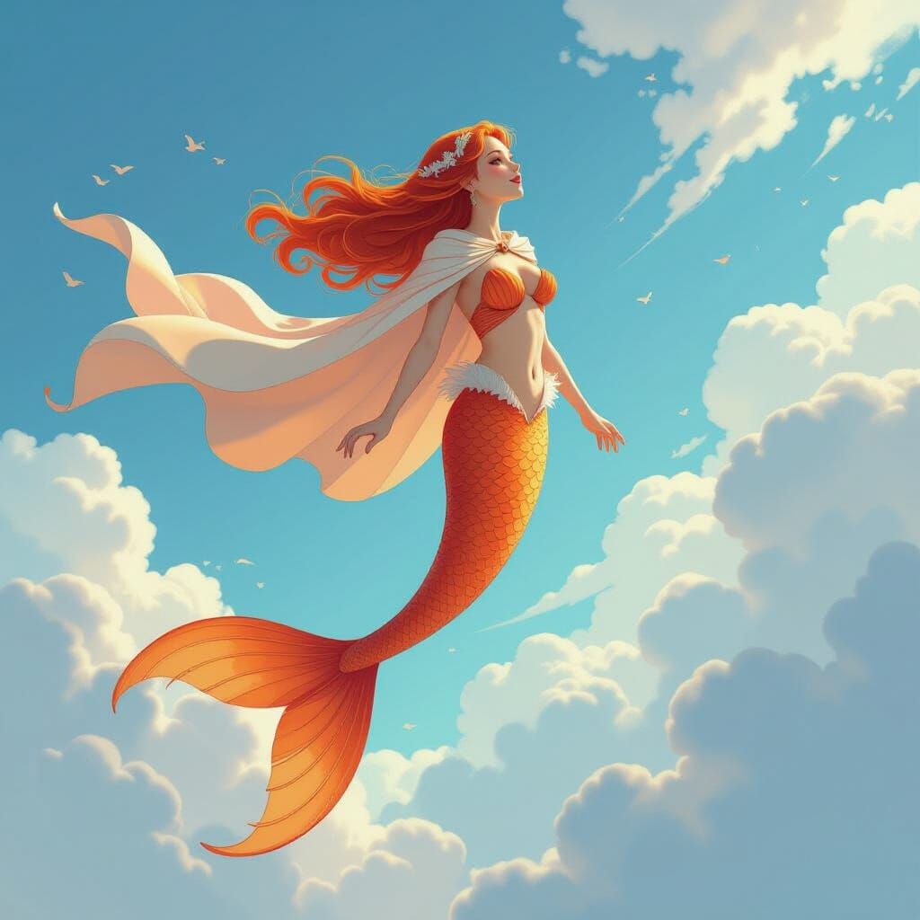 Mermaid Flying to Sky with Orange Tail and Cape