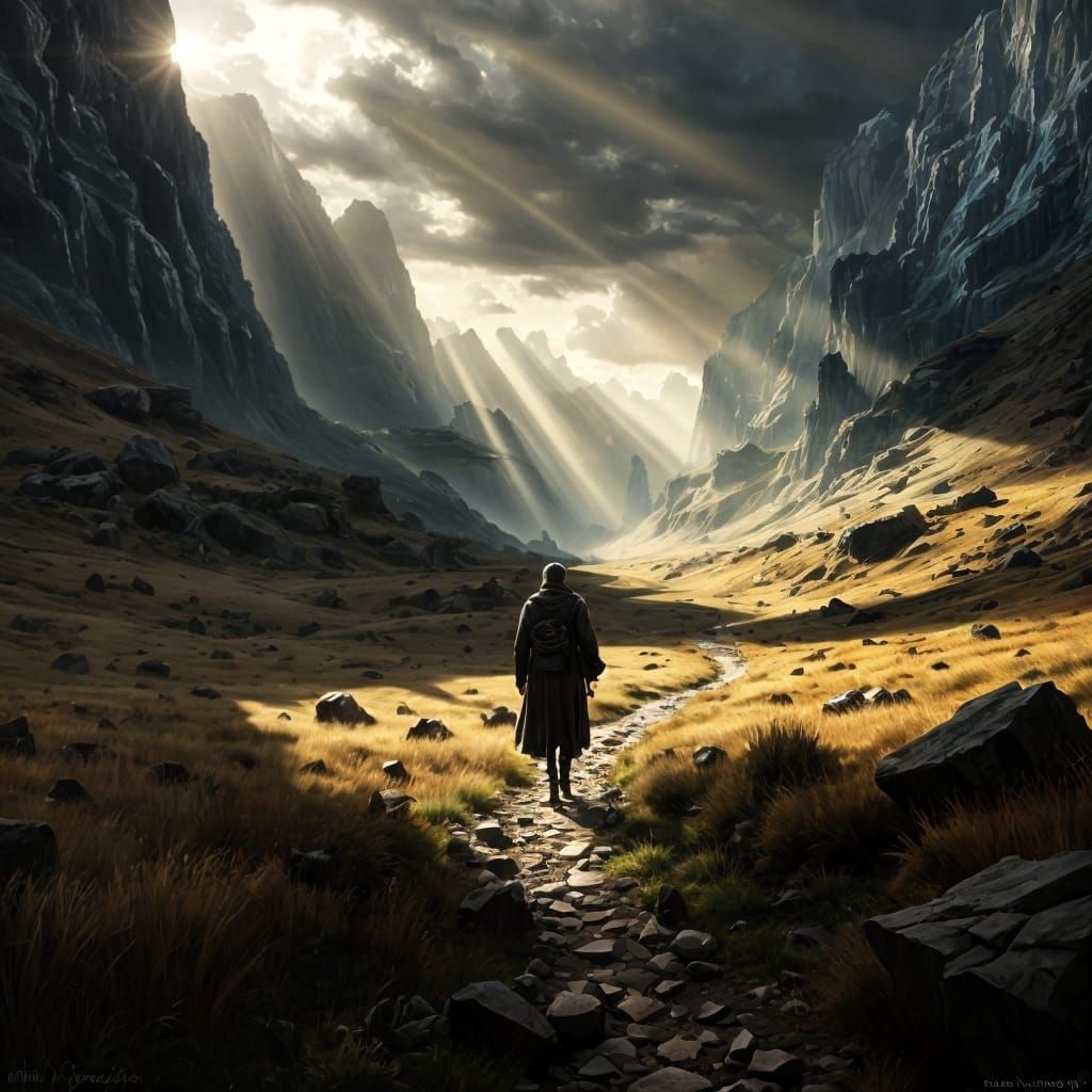 Solitary Figure in Dark Valley with Divine Light