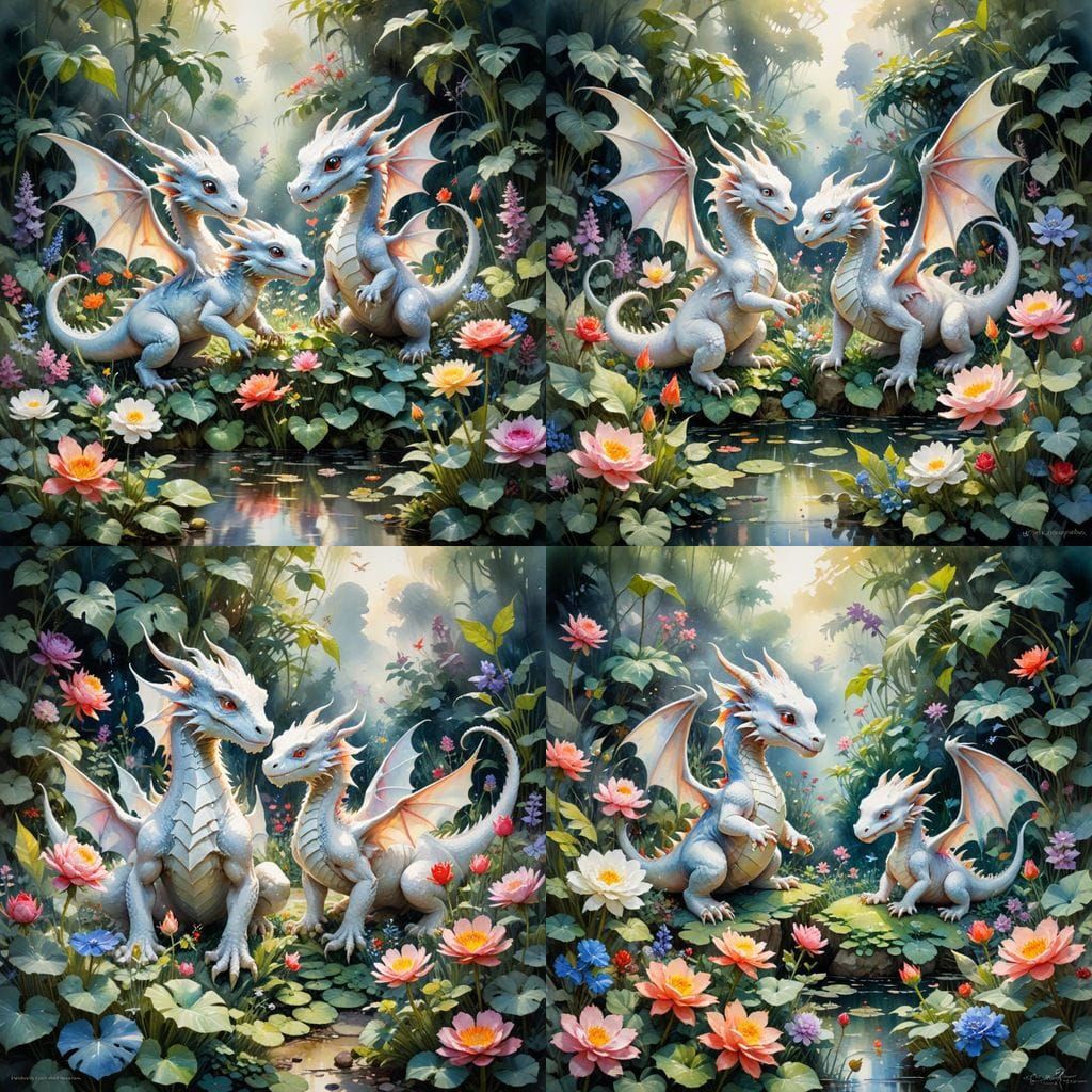 Dragon Hatchlings Playing in Magical Floral Garden