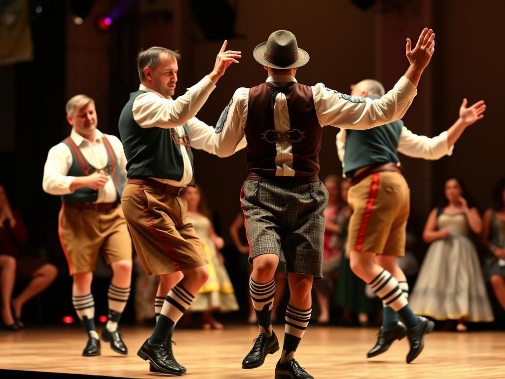 Men at Oktoberfest Perform a Traditional Bavarian Folk Dance...