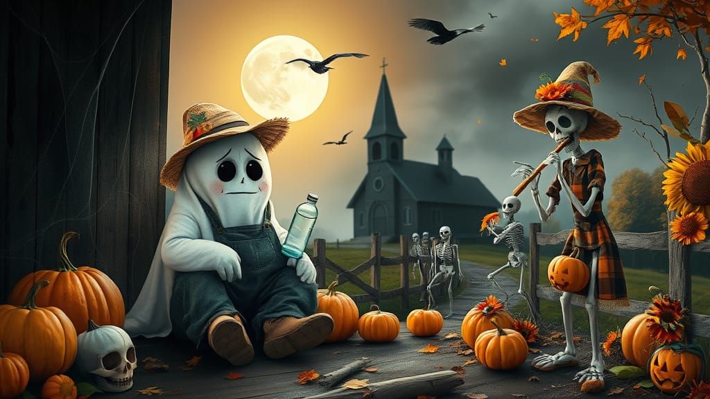 Sad Ghost and Dancing Skeletons in Autumn Scene