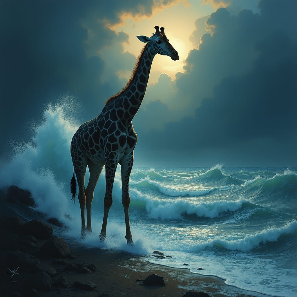 Giraffe Awakens Stormy Sea in Whimsical, Dramatic Scene