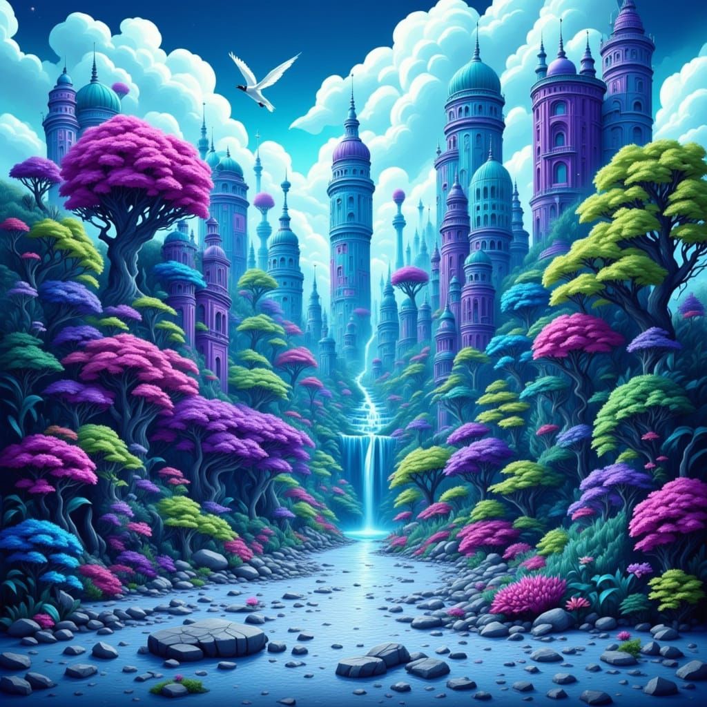 Vibrant Isometric Cityscape in Blue, Purple, and Green