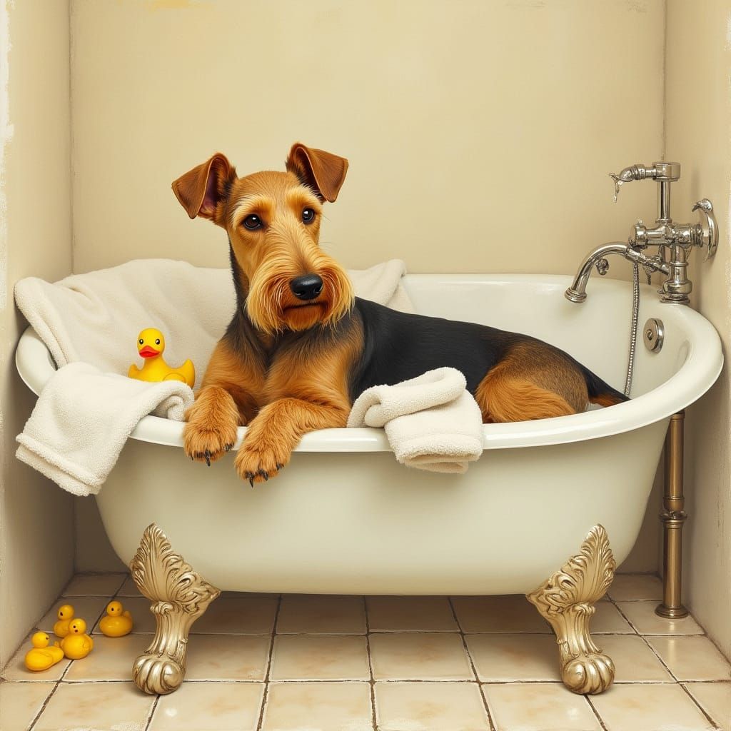 Airedale Terrier in Vintage Bath Tub