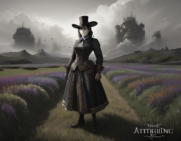 Steampunk Woman in Field, Beatrix Potter Style