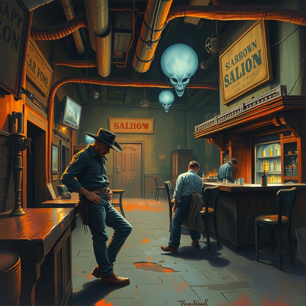 Cowboy in Alien-Lit Saloon, Gouache Painting