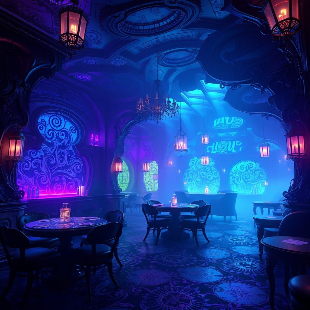 Ethereal Night Cafe in Vibrant, Electric Blues and Purples