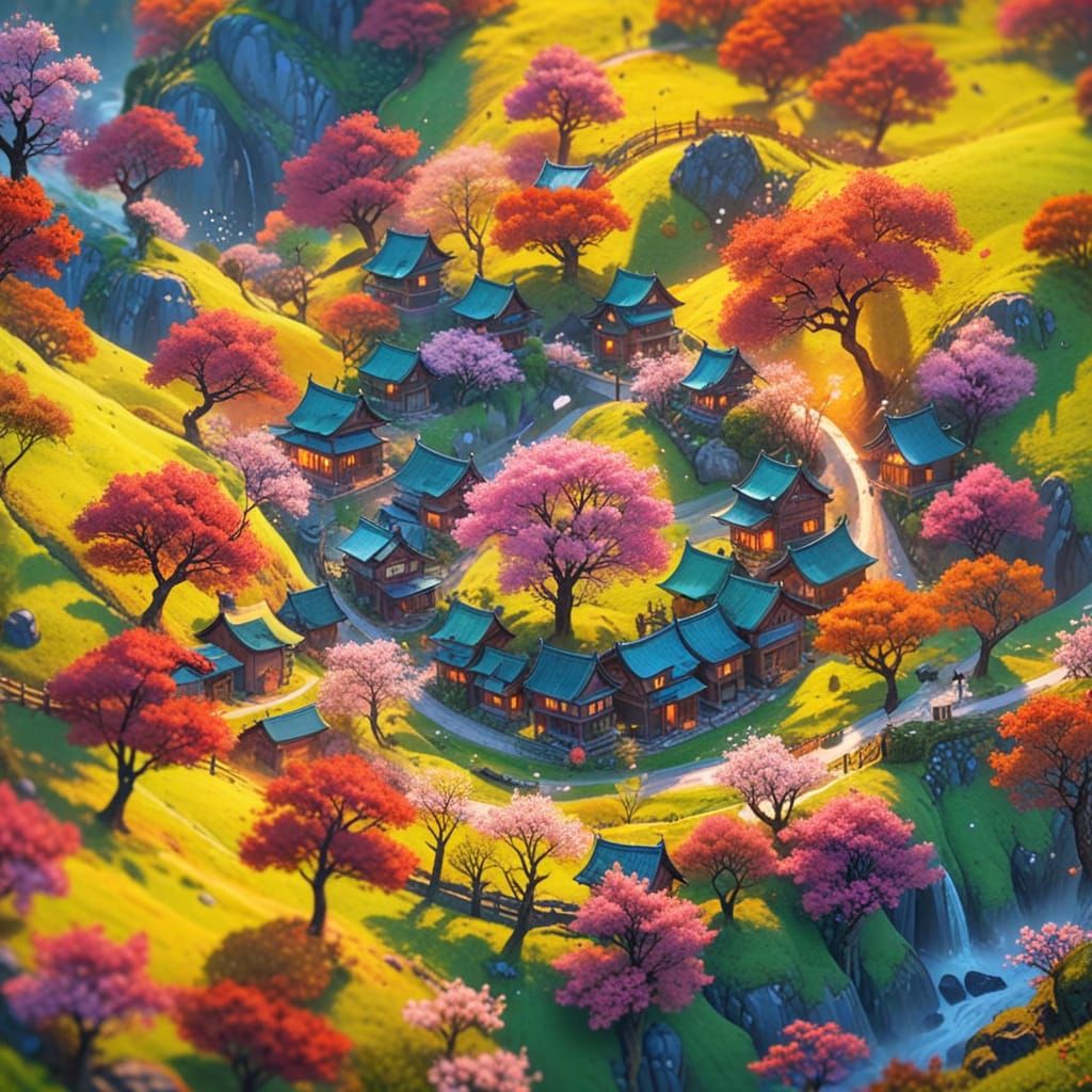 Anime Mountain Village Landscape in Digital Art