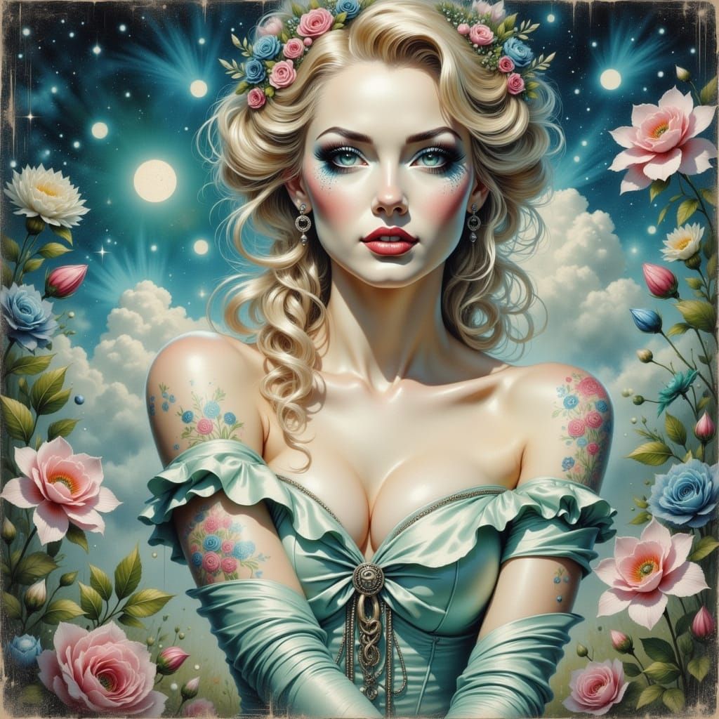 Beautiful Woman in Silk Dress: Mixed Media Portrait