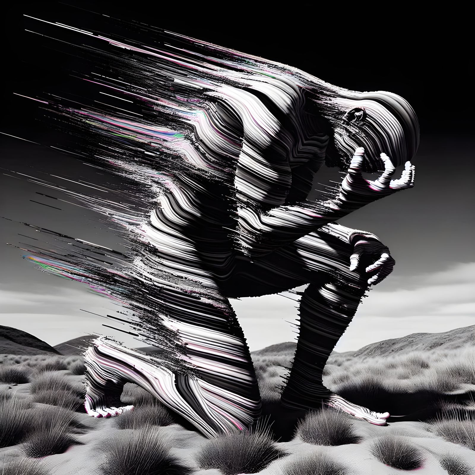 Distorted Figure in Desolate Field with Glitch Effects