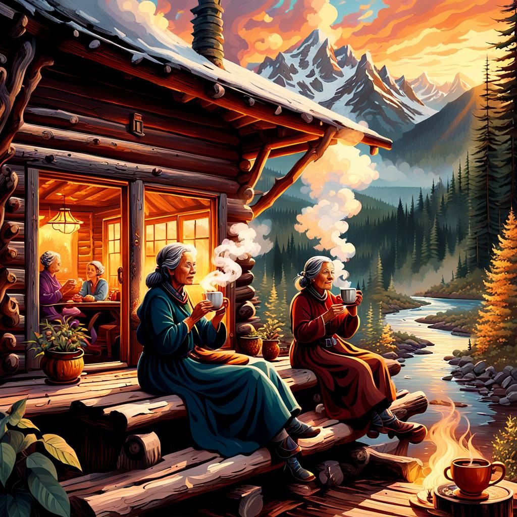 Cozy Coffee: Older Women in Mountain Log Cabin