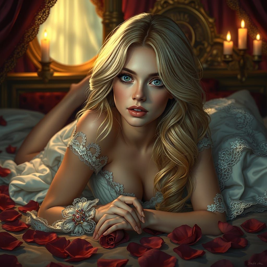 Sapphire-Eyed Beauty Amidst Lace and Velvet