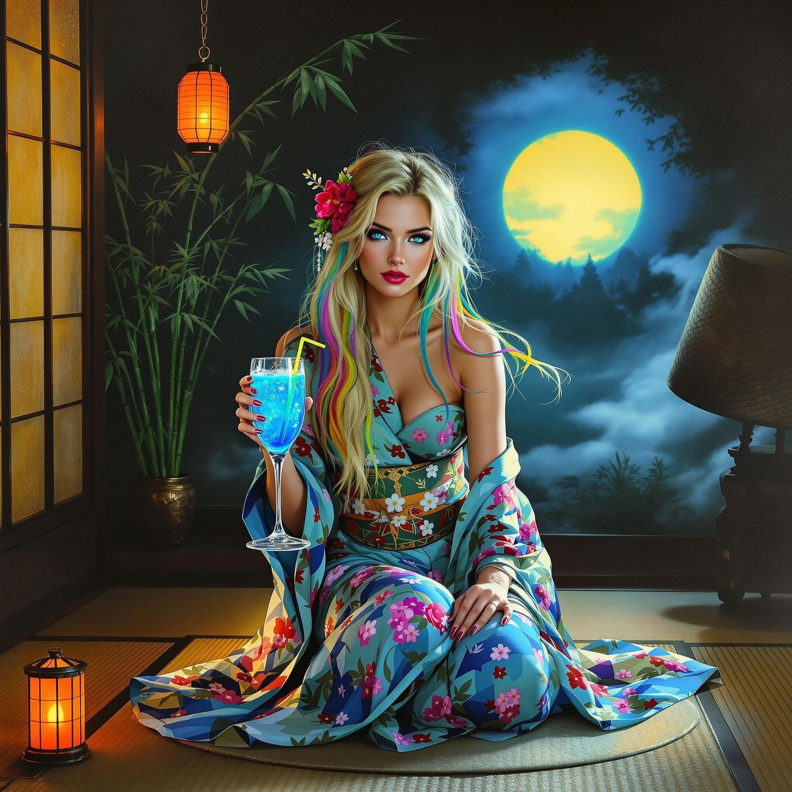 Sensual Tea Room Encounter in Vibrant Brushstrokes