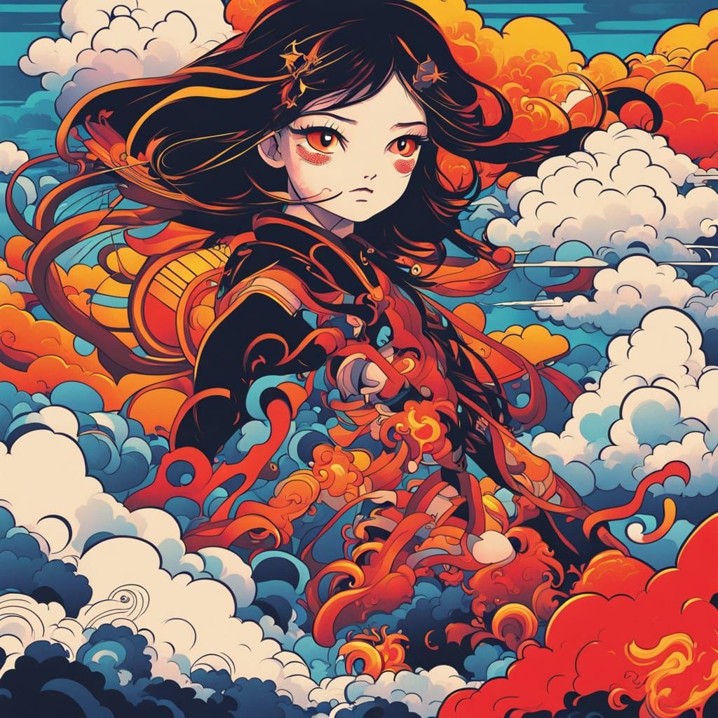Hell Girl Rides Fiery Skies in Vibrant, Anime-Inspired Art