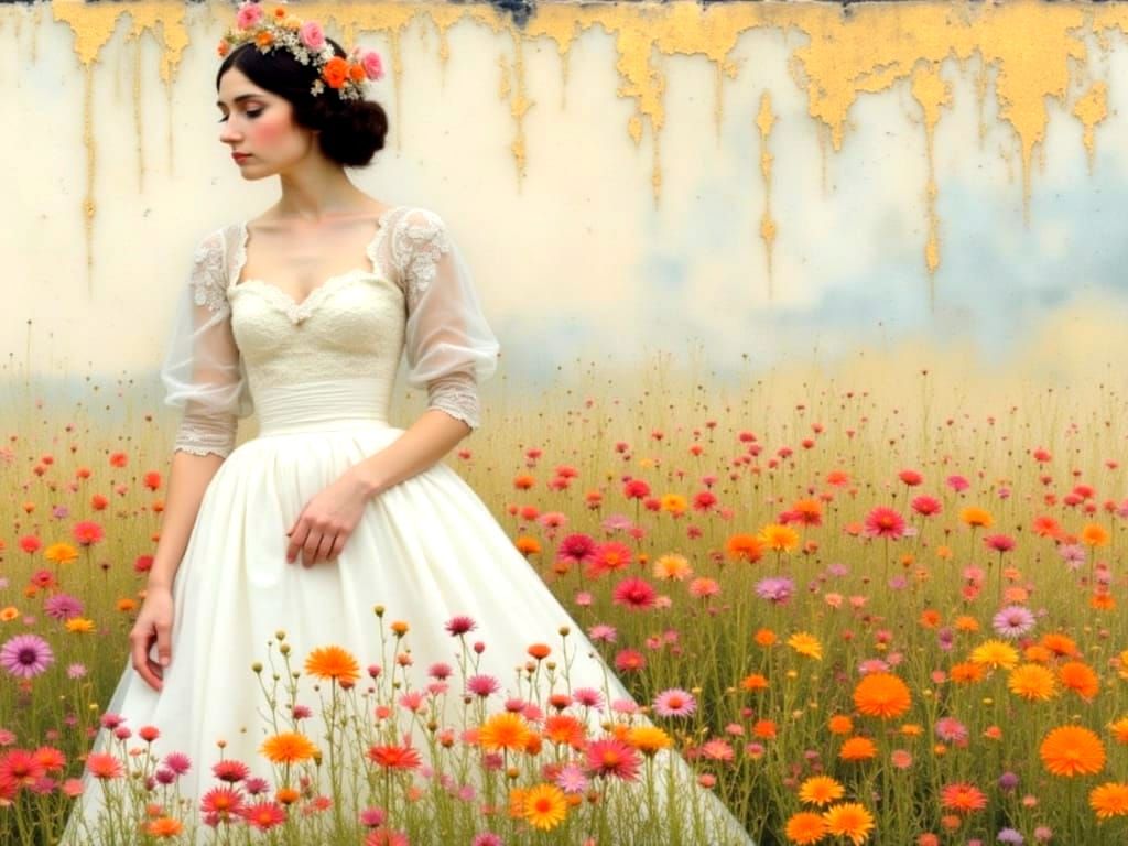 Woman in Wedding Dress, Klimt-Inspired Floral Art