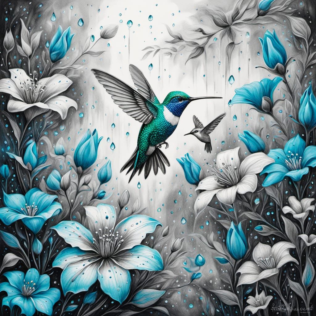 Turquoise Flowers in Hyper-Detailed Charcoal Drawing