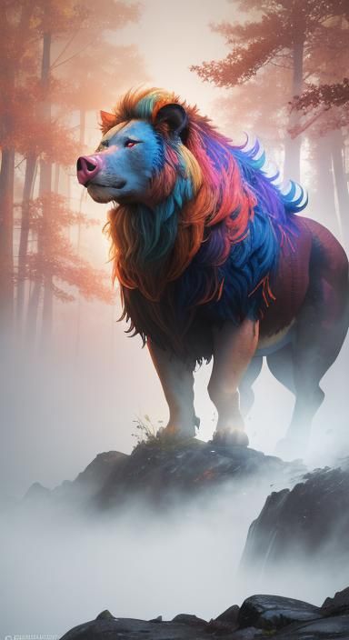 Half-Pig, Half-Lion in German Forest, Gouache Watercolor