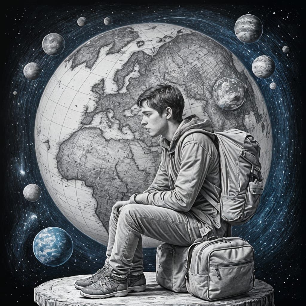 Minimalist Pencil Art of Traveler on Globe