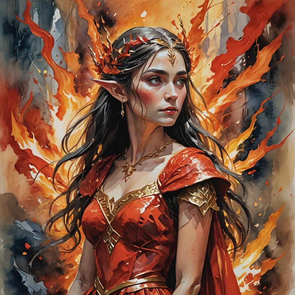 Elven in Red Dress: Gouache Impressionist Masterpiece
