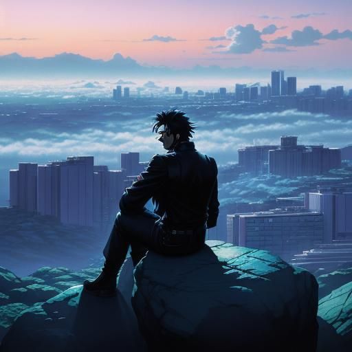 Studio Gibli, 1980's anime, vaporwave, sad greaser guy sitting on a rocky outcrop overlooking the city, view from behind...