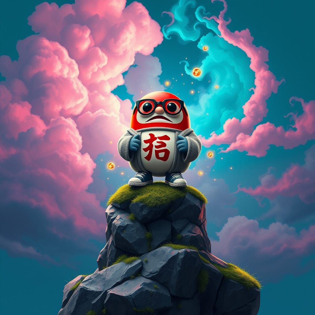 Surreal Daruma Visionary in Vibrant Pastel Hues