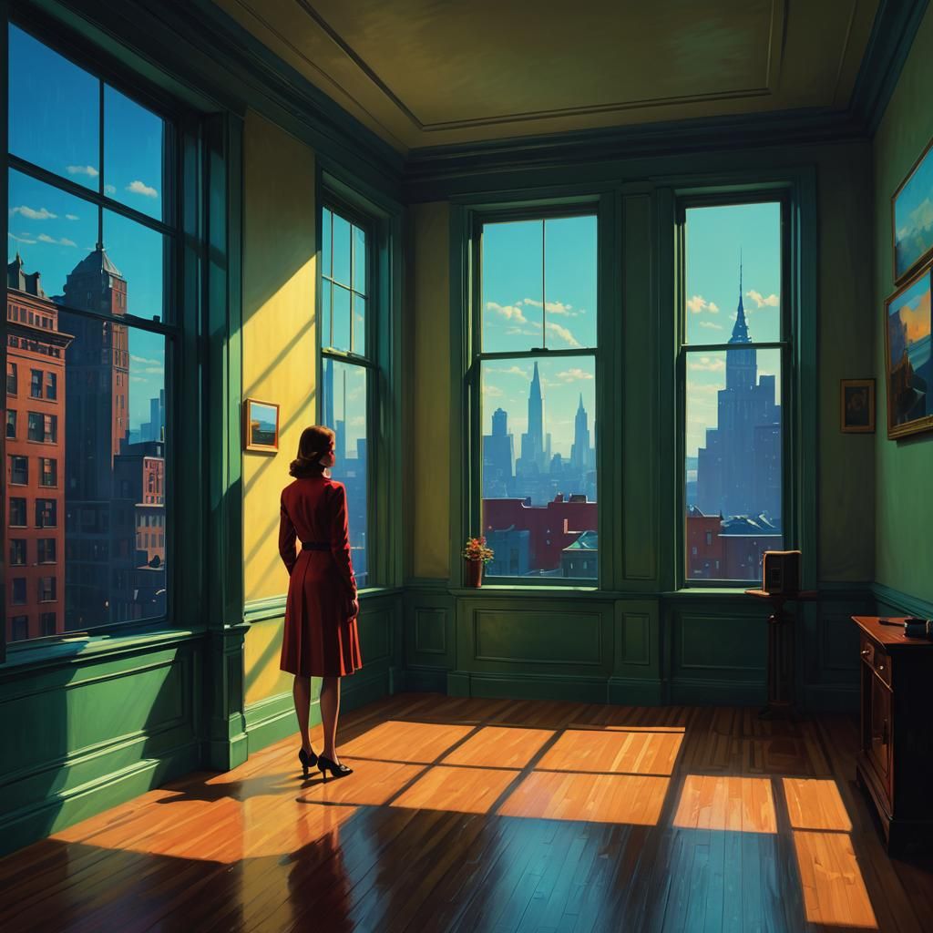 Woman Gazing Out Window in Cyberpunk Style