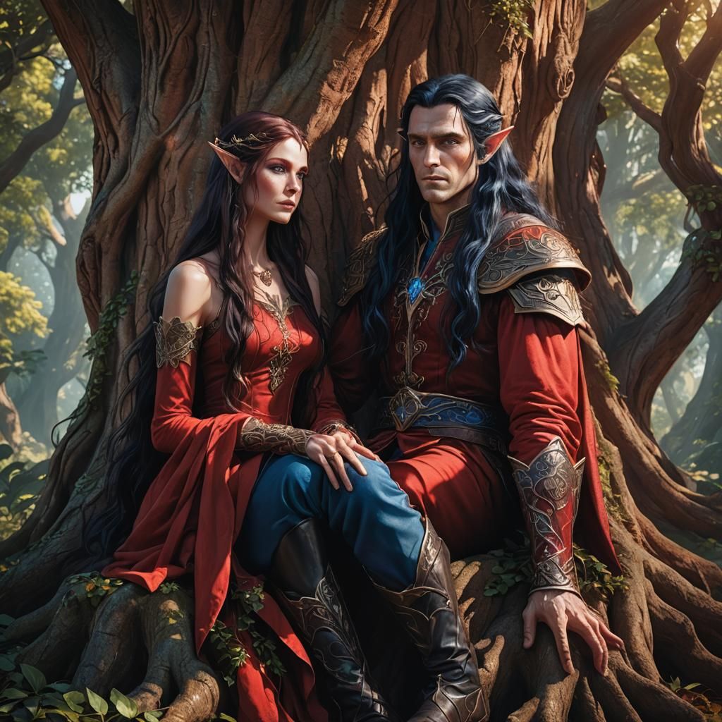 A huge tree stands at the edge of the woods. A tall male elf...