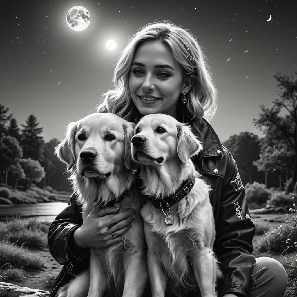 Golden Retriever and Girl Gazing at Moon