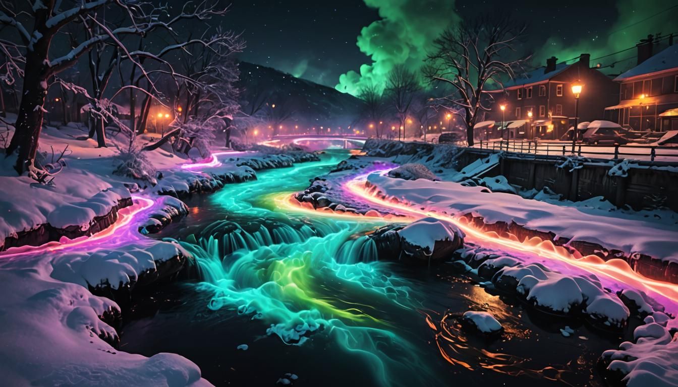 Neon Noir River: Snow and Colored Smoke