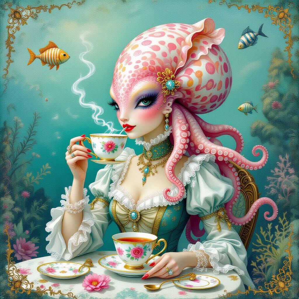 Elegant Octopus Tea Party in Dreamy Watercolor Style