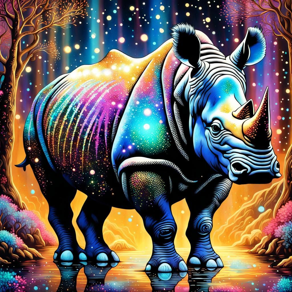 Glittering Rhino in Bioluminescent Rainbow Forest
