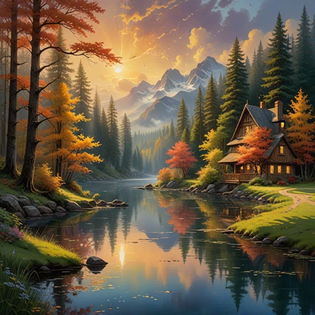 Serenic Lake Scene in Dreamy Oil Painting Style