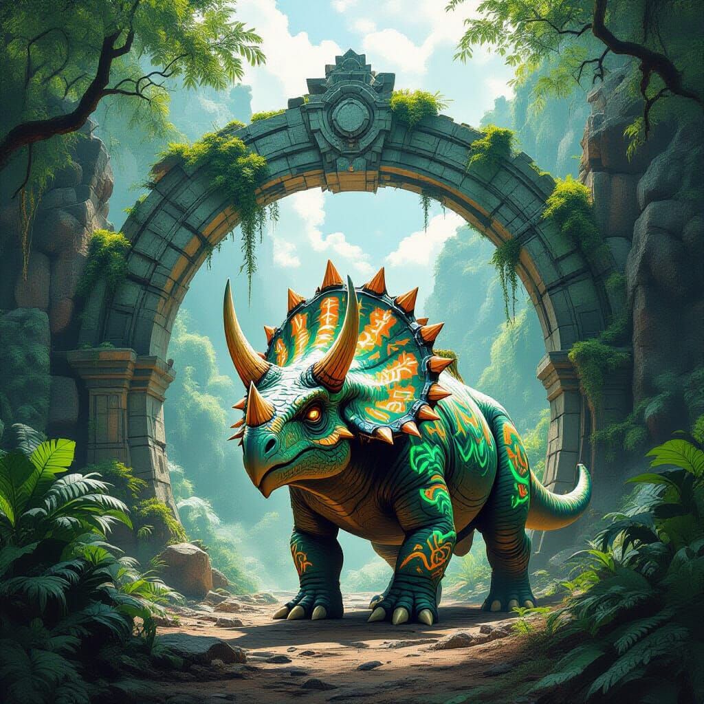 Triceratops Guarding Ancient Archway in Lush Jungle