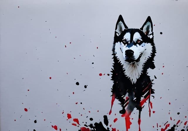 Husky in Trash Polka Style with Watercolor