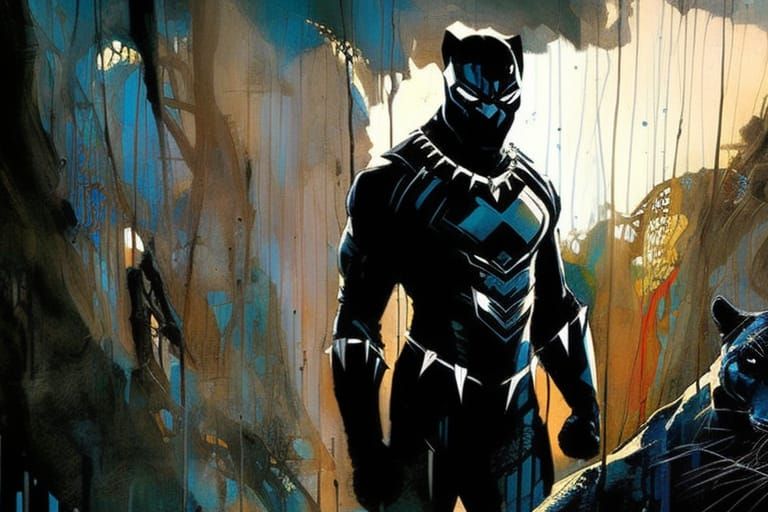 Dramatic Cartoon Black Panther Oil Painting