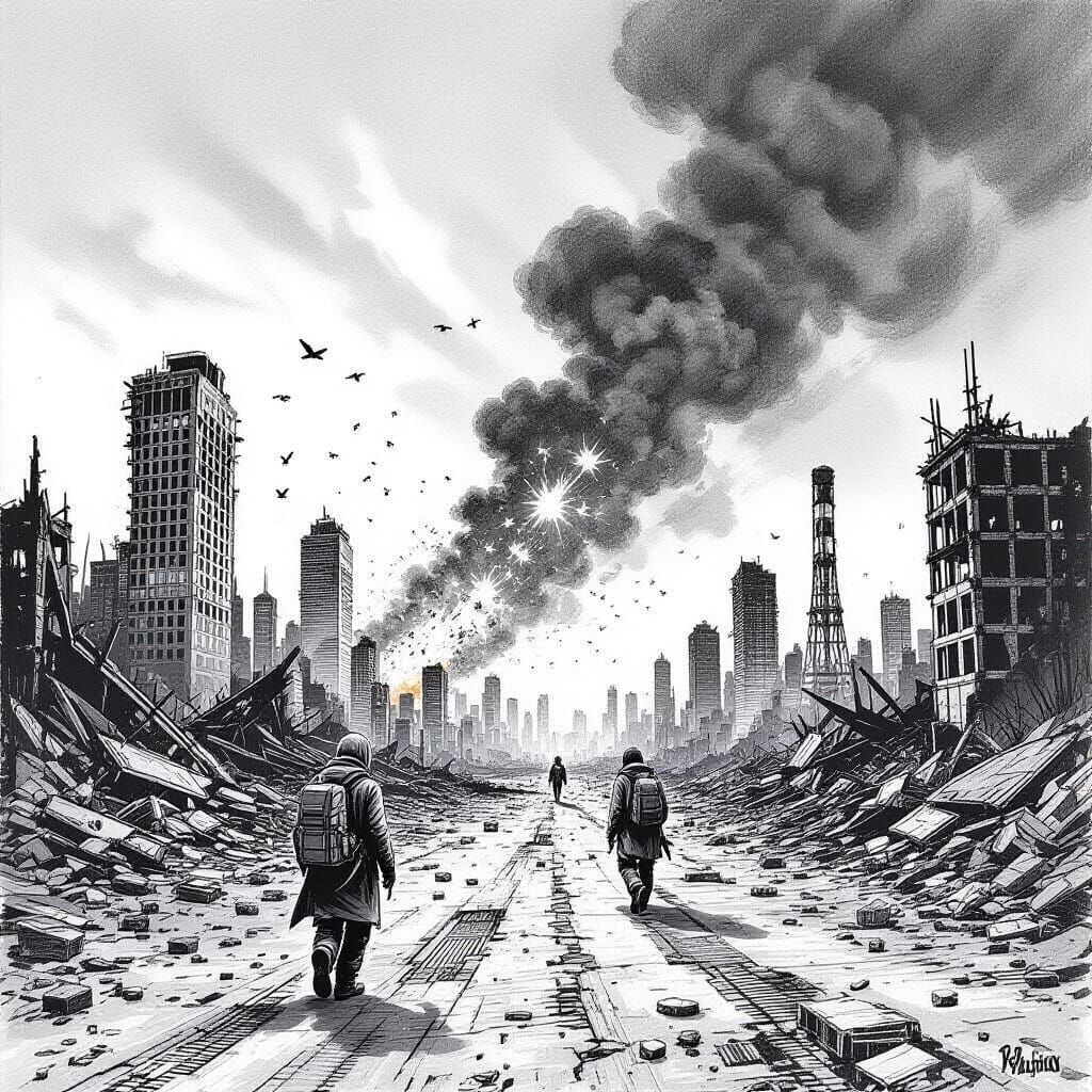 Post-Apocalyptic City: Black and White Pen Drawing