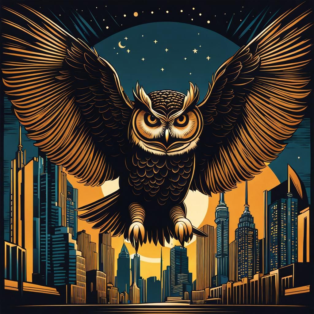 Owl Soaring Over Toronto at Night in Art Deco