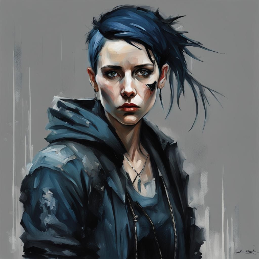 A brooding Lisbeth Salander in the style of John William Waterhouse.