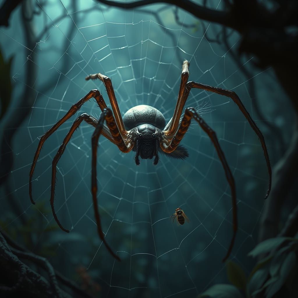 Spider and Fly in Web Forest, Realistic Eerie Lighting